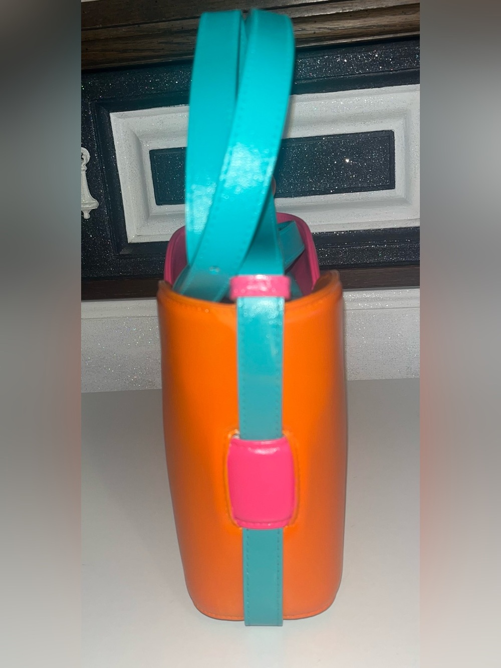 Vibrant Colorblock Crossbody Bag in Orange, Pink & Teal Custom Painted - Picture 5 of 8